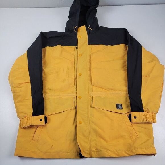 Carhartt C48 Mens Hooded Soft Shell Full Zip Rain Jacket Yellow Work Wear Large - Picture 1 of 11